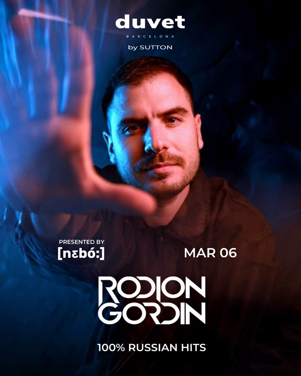 Poster for Rodion Gordin's 100% Russian Hits night at Duvet Barcelona
