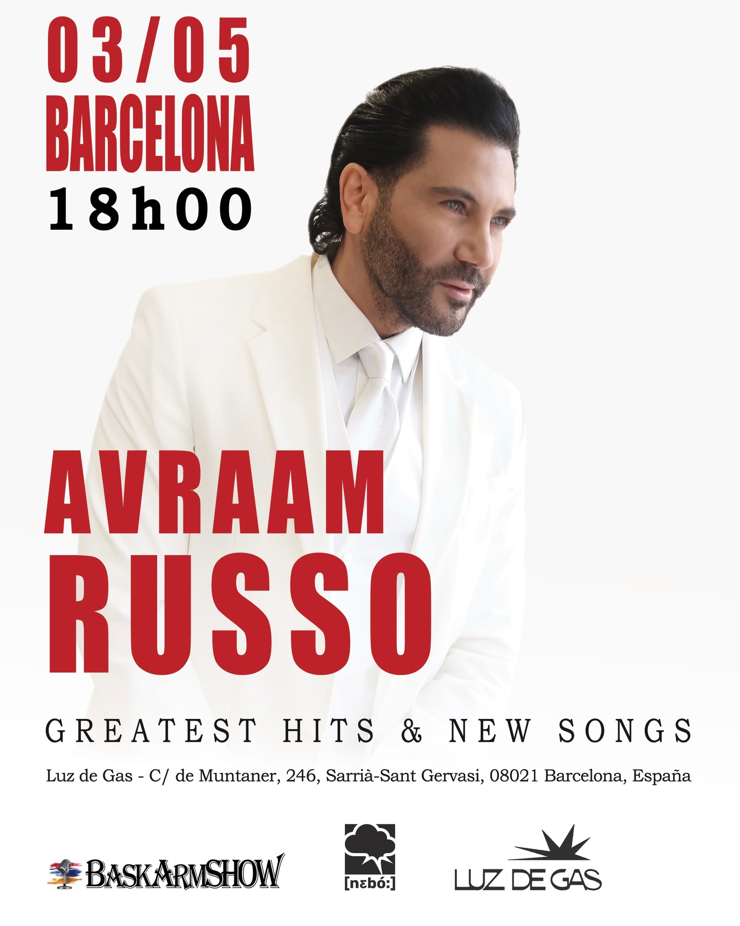 Poster for the Avraam Russo live concert in Barcelona presented by [nɛbó:]