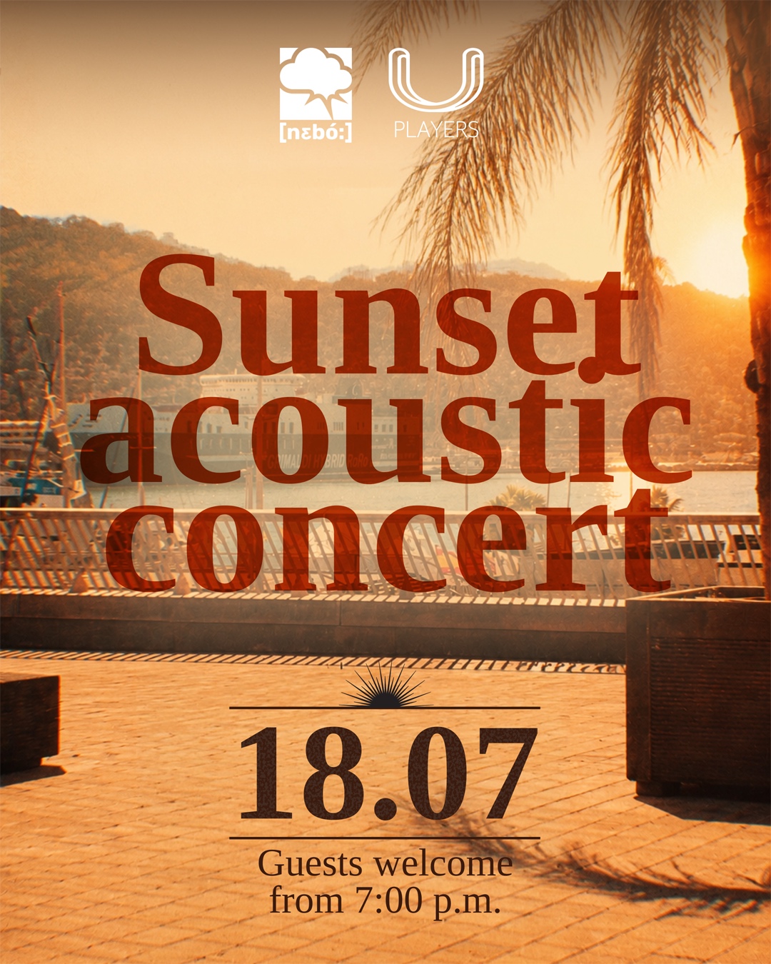 Poster for the [nɛbó:] and PLAYERS sunset acoustic concert overlooking Barcelona's marina