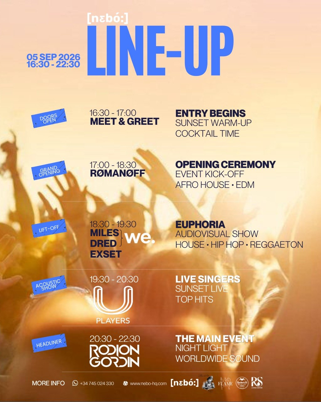 Line-up poster for the first anniversary of [nɛbó:] at Pier 01 Barcelona, 5 September 2026, 16:30–22:30