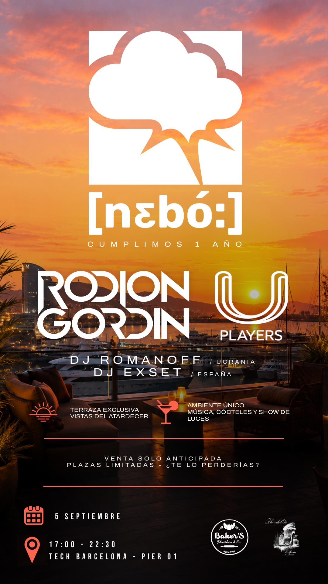 Poster for Happy Birthday NEBO — electronic dance music hits and live acoustic performance at Pier 01 Barcelona, 5 September